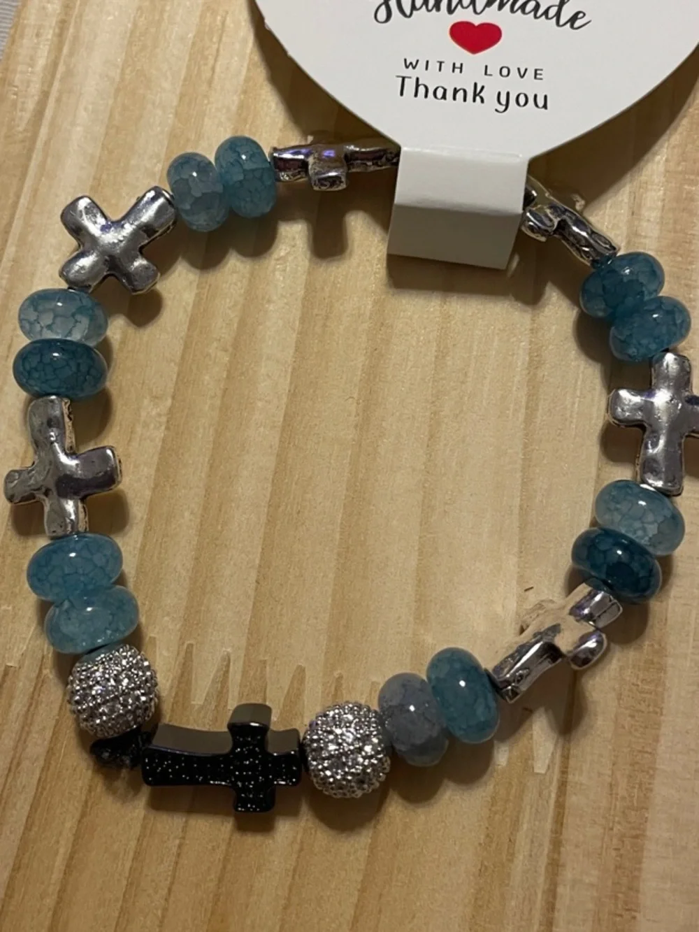 Aquamarine Amazonite stones with Pewter Crosses and a Black Accent Cross